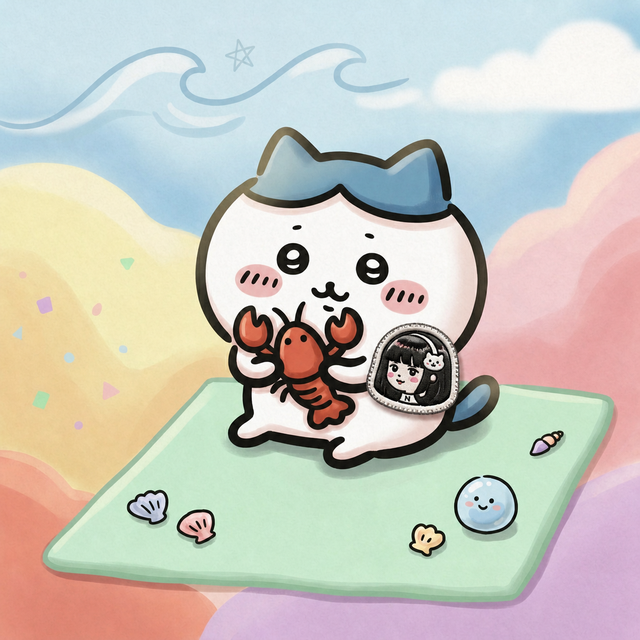 Gary Ko avatar: cute white cat holding a lobster on a pastel beach mat